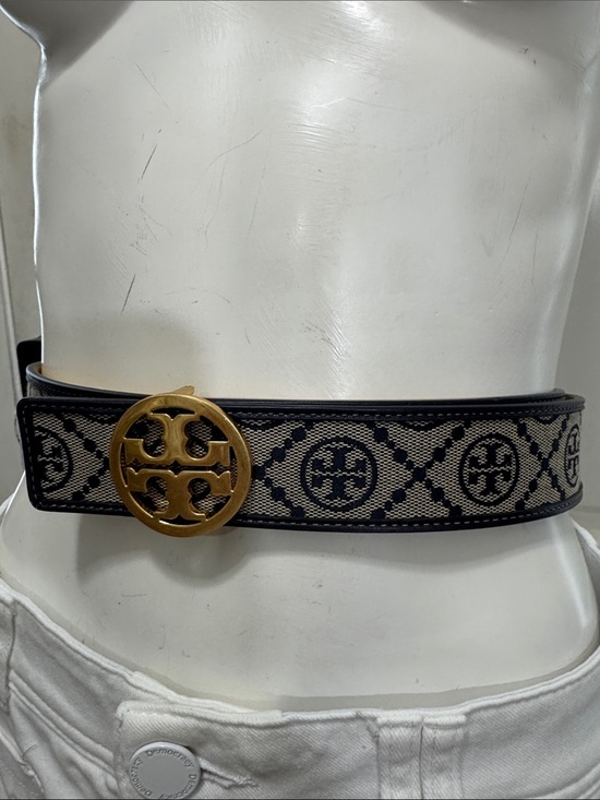 Tory Burch Black and Beige Logo Web Belt with Gold Medallion Buckle Size Small